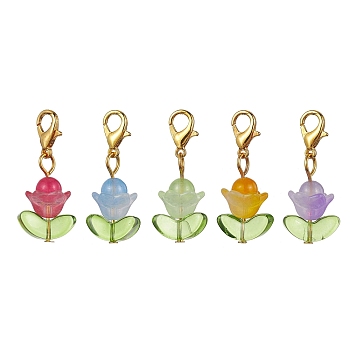 Flower Natural Jade & Glass Pendant Decooration, Zinc Alloy Lobster Claw Clasps Charm, Mixed Color, 31mm