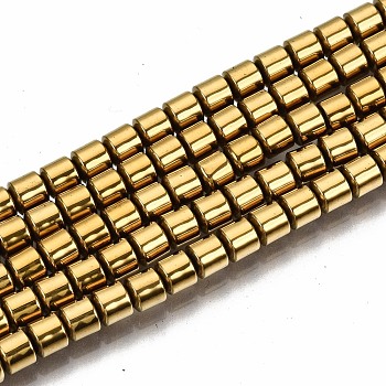 Electroplate Non-magnetic Synthetic Hematite Beads Strands, Column, Golden Plated, 3.5x3mm, Hole: 1mm, about 125~126pcs/strand, 15.55 inch~15.83 inch(39.5cm~40.2cm)
