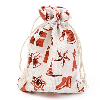 Christmas Theme Cotton Fabric Cloth Bag, Drawstring Bags, for Christmas Party Snack Gift Ornaments, Christmas Themed Pattern, 14x10cm
