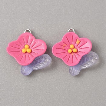 Translucent Resin Pendants, Glitter Flower Charms with Platinum Tone Iron Loops, Hot Pink, 24x22x6mm, Hole: 1.8mm