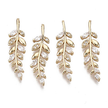 Brass Micro Pave Cubic Zirconia Pendants, Olive Branch, Long-Lasting Plated, Light Gold, Clear, 28x8x4mm, Hole: 2x4mm