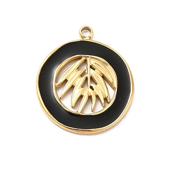 304 Stainless Steel Enamel Pendants, Golden, Flat Round with Leaf Charm, Black, 18x16x1mm, Hole: 1.6mm