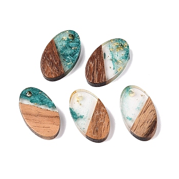 Transparent Resin and Walnut Wood Pendants, Oval Charms with Gold Foil, Light Sea Green, 22x12.5x3.5mm, Hole: 2mm