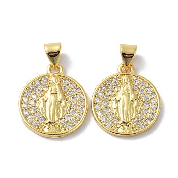 Brass Micro Pave Clear Cubic Zirconia Pendants, Long-Lasting Plated, Flat Round with Virgin Pattern, Real 18K Gold Plated, 18.5x16x2mm, Hole: 3.5x5mm