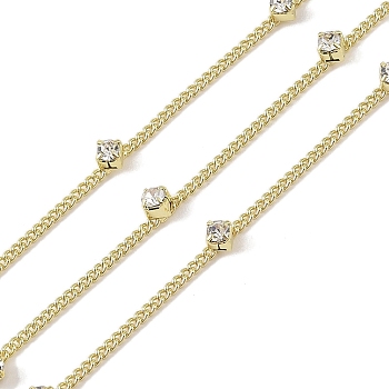 Brass Link Chains, with Rhinestone,  Real 18K Gold Plated, Soldered, with Spools, Long-Lasting Plated, Cadmium Free & Lead Free, Real 18K Gold Plated, 4x4x4mm