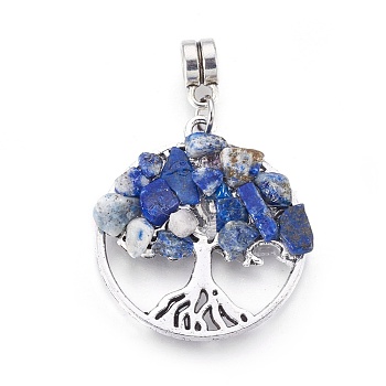 Alloy European Dangle Charms, with Natural Lapis Lazuli Chips, Flat Round with Tree, Antique Silver, 38mm, Hole: 4mm, 28x25x4~5mm