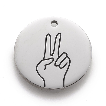 316 Surgical Stainless Steel Pendants, ASL Pendants, Flat Round with Gesture Language, Stainless Steel Color, Victory, 25x2mm, Hole: 2mm