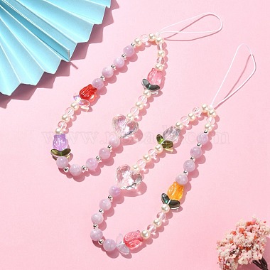 Tulip & Heart Natural Kunzite/Quartz Crystal & Glass Beaded Mobile Straps(HJEW-TA00041)-5