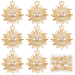 Alloy Pendants, with Crystal Rhinestone, Texured, Sun with Evil Eye, Real 18K Gold Plated, 16.5x15x3mm, Hole: 1.5mm, 22pcs/box(FIND-SC0002-54)