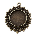 Vintage Tibetan Style Alloy Flower Pendant Cabochon Bezel Settings, Cadmium Free & Nickel Free & Lead Free, Antique Bronze, Flat Round Tray: 25mm, 49x41x3mm, Hole: 3mm, about 103pcs/kg(TIBEP-M018-65AB-NF)