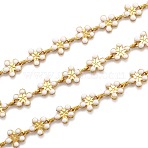 Golden Brass Enamel Link Chains, Cadmium Free & Lead Free, Long-Lasting Plated, with Spool, Unwelded, Flower, White, 9x6x1mm, 32.8 Feet(10m)/roll(CHC-H103-08H-G)