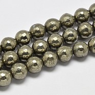 Natural Pyrite Round Beads Strands, Faceted(128 Facets), Grade A, 6mm, Hole: 1mm, about 67pcs/strand, 16 inch(G-F197-07-6mm)