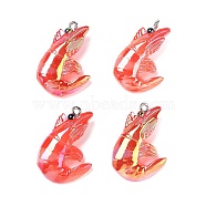 AB Color Resin Sea Animal Pendants, Shrimp Charms with Platinum Tone Iron Loops, Orange Red, 30~32x21.5~22.5x7mm, Hole: 2mm(RESI-C051-01P)