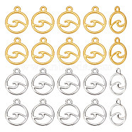 60PCS 2Colors Rack Plating Alloy Charms, Cadmium Free & Lead Free & Nickle Free, Round Ring with Wave Charm, Mixed Color, 14.5~15x12x1.5mm, Hole: 1.6mm, 30pcs/color(FIND-UN0002-59)