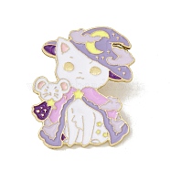 Cat with Moon Enamel Pin, Gold Plated Alloy Badge for Backpack Clothes, White, 34x27.5x1.5mm(JEWB-E016-12G-02)