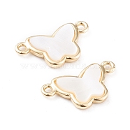 Natural White Shell Links, with Brass Loops & Edge, Long-Lasting Plated, Butterfly, White, Real 18K Gold Plated, 10x18x2.5mm, Hole: 1.4mm(KK-F814-23G)
