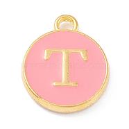 Golden Plated Alloy Enamel Charms, Enamelled Sequins, Flat Round with Alphabet, Letter.T, Pink, 14x12x2mm, Hole: 1.5mm(X-ENAM-Q437-14T)