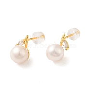 Sterling Silver Studs Earrings, with Natural Pearl, Jewely for Women, Rectangle, Real 18K Gold Plated, 18x8mm(EJEW-K273-28G)