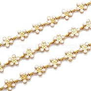 Golden Brass Enamel Link Chain, Long-Lasting Plated, with Spool, Unwelded, Flower, White, 9x6x1mm, 32.8 Feet(10m)/roll(CHC-H103-08H-G)