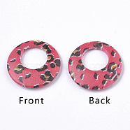Double Opaque Spray Painted Acrylic Pendants, Flat Round with Leopard Print Pattern, Cerise, 25x3.5mm, Hole: 1.2mm(MACR-S361-37G)