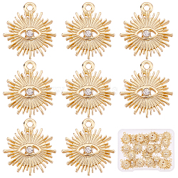 Alloy Pendants, with Crystal Rhinestone, Texured, Sun with Evil Eye, Real 18K Gold Plated, 16.5x15x3mm, Hole: 1.5mm, 22pcs/box(FIND-SC0002-54)