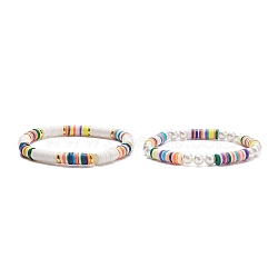 2Pcs 2 Style Shell Pearl & Polymer Clay Stretch Bracelets Set, Preppy Bracelets for Women, Mixed Color, Inner Diameter: 2-1/8 inch(5.4cm), 1Pc/style(BJEW-TA00088)