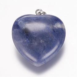 Natural Sodalite Gemstone Pendants, Heart, Platinum, 32.5~34x30x12mm, Hole: 5x8mm(G-E338-10K)