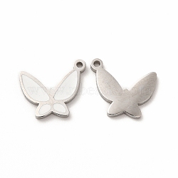304 Stainless Steel Enamel Pendants, Butterfly, White, 15x13x1mm, Hole: 1.2mm(STAS-F291-02P-01)