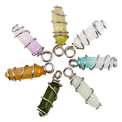 CHGCRAFT 7Pcs 7 Styles Natural Gemstone Double Terminal Pointed Pendants, Copper Wire Wrapped Faceted Bullet Charm, Mixed Dyed and Undyed, Platinum, 26~26.5x8mm, Hole: 2.5~2.8mm, 1pc/style(G-CA0001-67)