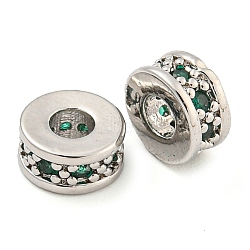 Rack Plating Brass Micro Pave Cubic Zirconia Spacer Beads, Long-Lasting Plated, Lead Free & Cadmium Free, Rondelle, Platinum, Green, 6x3mm, Hole: 2.5mm(KK-F089-39B-P01)