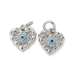 Brass Micro Pave Cubic Zirconia Charms, Heart Charms, with Jump Ring, Platinum, 11x10x2.5mm, Hole: 3mm(KK-U056-34P)