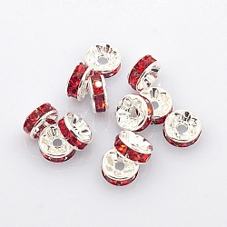 Brass Rhinestone Spacer Beads, Grade A, Silver Color Plated, Rondelle, Red, Size: about 8mm in diameter, 3.5mm thick, hole: 2mm(RB-A004-7)