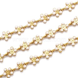 Golden Brass Enamel Link Chain, Long-Lasting Plated, with Spool, Unwelded, Flower, White, 9x6x1mm, 32.8 Feet(10m)/roll(CHC-H103-08H-G)