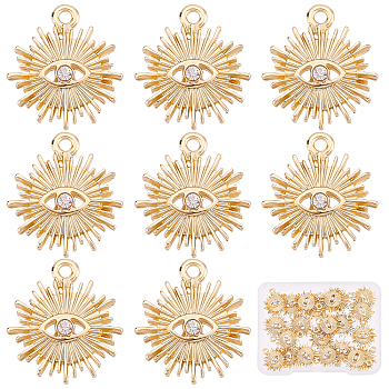Alloy Pendants, with Crystal Rhinestone, Texured, Sun with Evil Eye, Real 18K Gold Plated, 16.5x15x3mm, Hole: 1.5mm, 22pcs/box