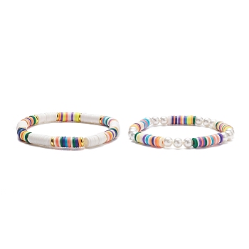 2Pcs 2 Style Shell Pearl & Polymer Clay Stretch Bracelets Set, Preppy Bracelets for Women, Mixed Color, Inner Diameter: 2-1/8 inch(5.4cm), 1Pc/style