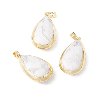 Natural Howlite Pendants, with Light Gold Tone Brass Findings, Cadmium Free & Lead Free, Teardrop, 35~36x20~21.5x11~13mm, Hole: 8x5mm