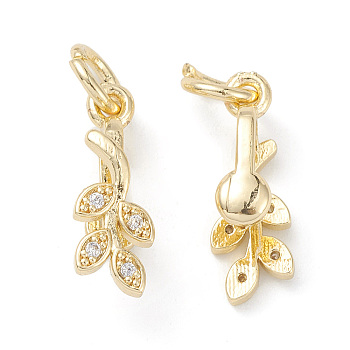 Rack Plating Brass Pave Cubic Zirconia Leaf Shape Ice Pick Pinch Bails, with Open Jump Rings, Cadmium Free & Lead Free, Long-Lasting Plated, Real 14K Gold Plated, 16.5x5.5x7mm, Hole: 4mm, Pin: 0.8mm