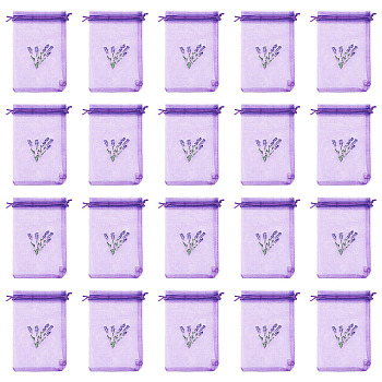 20Pcs Polyester Mesh Sachet Packing Drawstring Bgas, Rectangle with Lavender Pattern, Blue Violet, 16.2x10.9x0.1cm