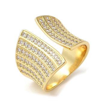 Brass Micro Pave Clear Cubic Zirconia Open Cuff Rings, Wide Band Ring for Women, Lead Free & Cadmium Free, Real 18K Gold Plated, US Size 8 1/2(18.5mm)