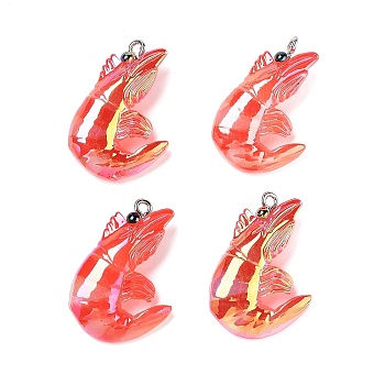 AB Color Resin Sea Animal Pendants, Shrimp Charms with Platinum Tone Iron Loops, Orange Red, 30~32x21.5~22.5x7mm, Hole: 2mm