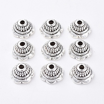 Tibetan Style Flower Bead Caps, Lead Free and Cadmium Free, Antique Silver, about 8mm in diameter, 5mm thick, hole: 2mm