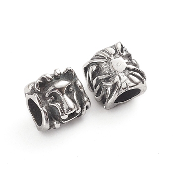 304 Stainless Steel European Beads, Large Hole Beads, Lion, Antique Silver, 10x11x9mm, Hole: 5.8x5.5mm