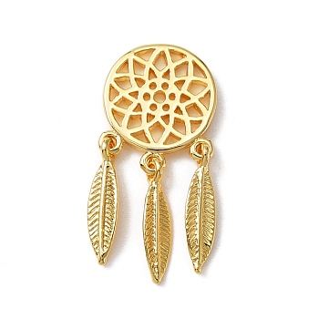 Brass Pendants, Woven Net/Web with Feather, Real 18K Gold Plated, 26x12x2.5mm, Hole: 0.9~1mm
