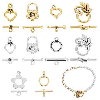 120 Sets 8 Styles Tibetan Style Alloy Toggle Clasps, Mixed Shapes, Mixed Color, 19x13mm, Hole: 2mm