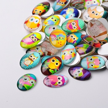 Cartoon Owl Printed Glass Oval Cabochons, Mixed Color, 25x18x6mm