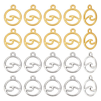 60PCS 2Colors Rack Plating Alloy Charms, Cadmium Free & Lead Free & Nickle Free, Round Ring with Wave Charm, Mixed Color, 14.5~15x12x1.5mm, Hole: 1.6mm, 30pcs/color