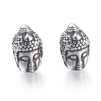 Buddhist 304 Stainless Steel Beads, Buddha Head, Antique Silver, 14x8.5x9mm, Hole: 2mm