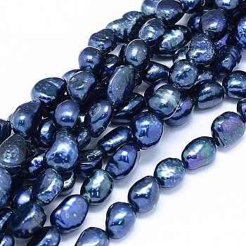 Dyed Natural Cultured Freshwater Pearl Beads Strands, Oval, Marine Blue, 10~15x6~10mm, Hole: 0.8mm, about 30~34pcs/strand, 14.1 inch(36cm)