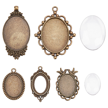 15Pcs 5 Styles Tibetan Style Alloy Carved Rose Large Pendant Cabochon Settings, Cadmium Free & Lead Free, with 15Pcs 2 Styles Glass Cabochons, Antique Bronze, Oval Tray: 40x30mm, 63x32x2.5mm, Hole: 4mm