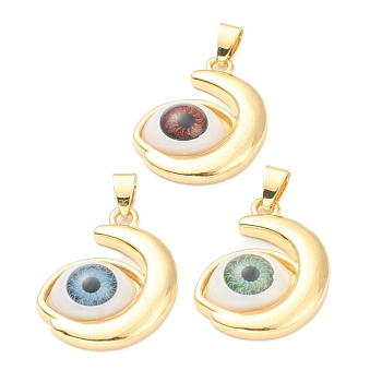 Brass Pendants, Real 18K Gold Plated, Long-Lasting Plated, with Resin Cabochons, Eye, Mixed Color, 28x21.5x7mm, Hole: 3.5x5.5mm